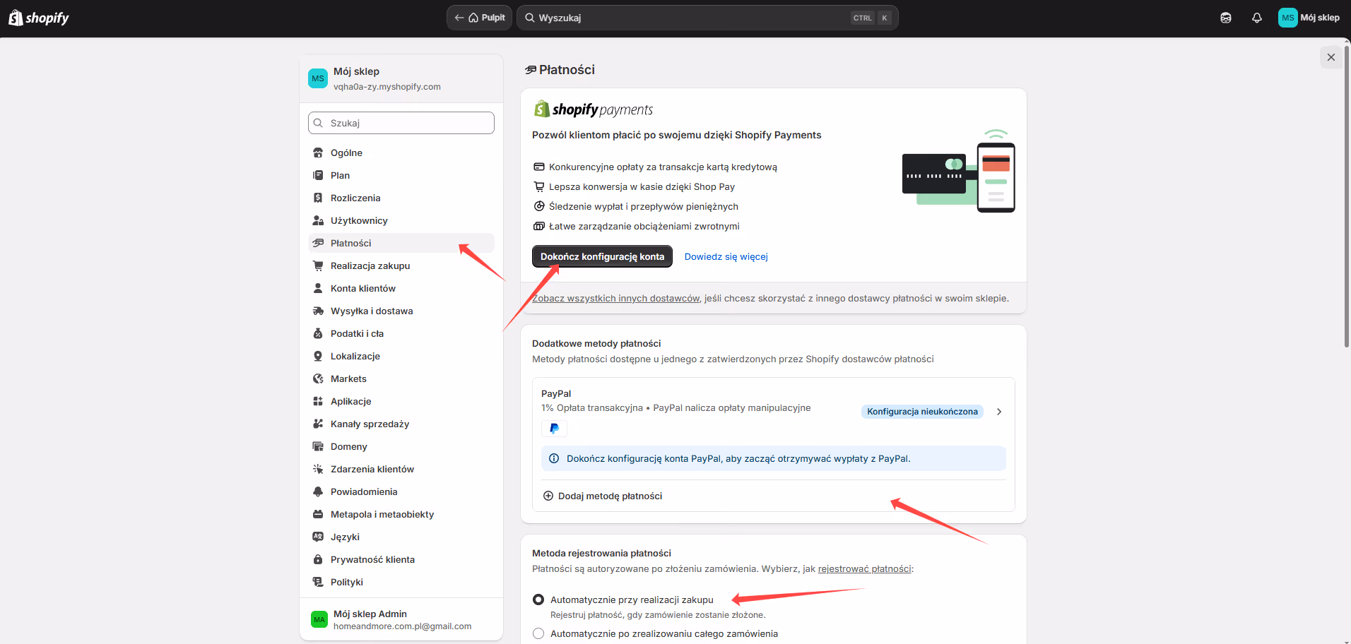 Panel administracyjny Shopify wyświetlający ustawienia płatności z opcją ukończenia konfiguracji konta oraz dodatkowymi metodami płatności, w tym PayPal.