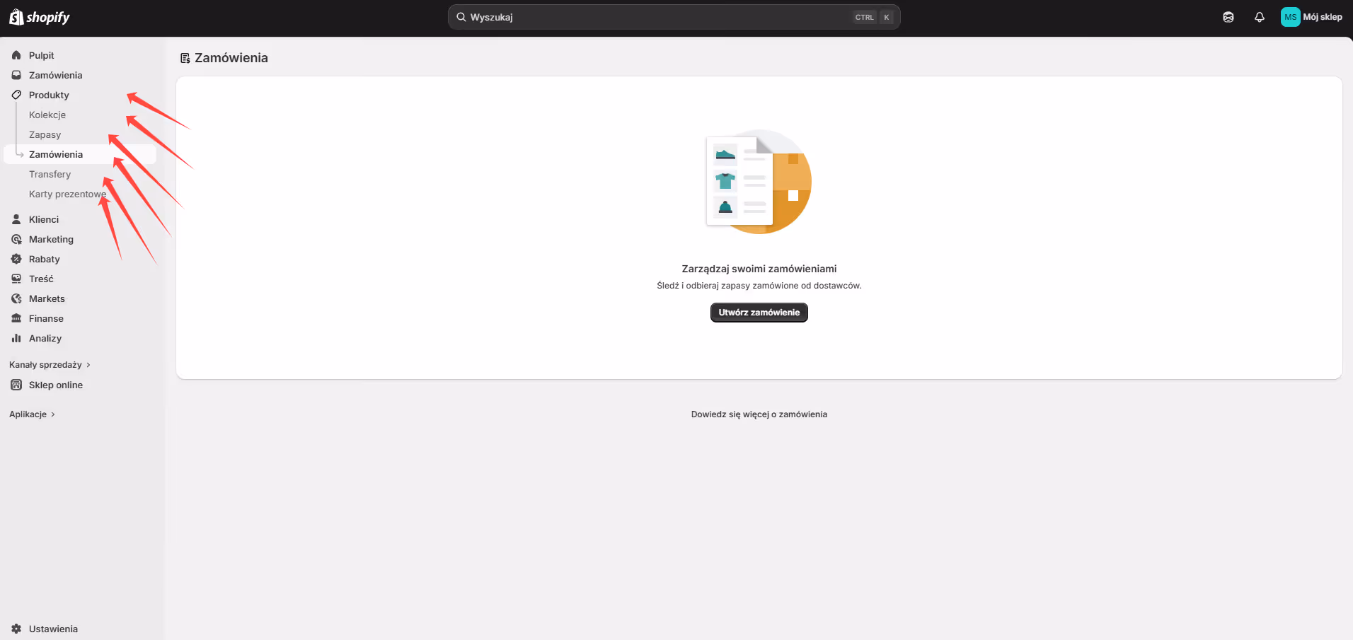 Panel administracyjny Shopify — sekcja Produkty z przyciskiem Dodaj produkt.