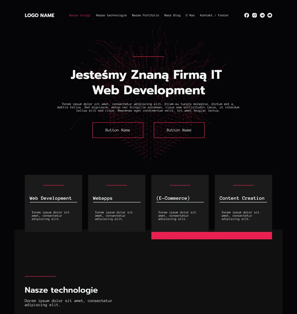 Strona internetowa firmy IT z nagłówkiem &bdquo;Jesteśmy Znana Firmą IT Web Development&rdquo;, menu nawigacyjnym oraz sekcjami usług takimi jak Web Development, Webapps, E-Commerce i Content Creation.