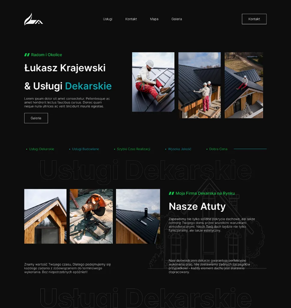 Strona internetowa Łukasza Krajewskiego oferująca usługi dekarskie z zdjęciami pracowników wykonujących prace na dachu oraz podkreślonymi zaletami firmy.