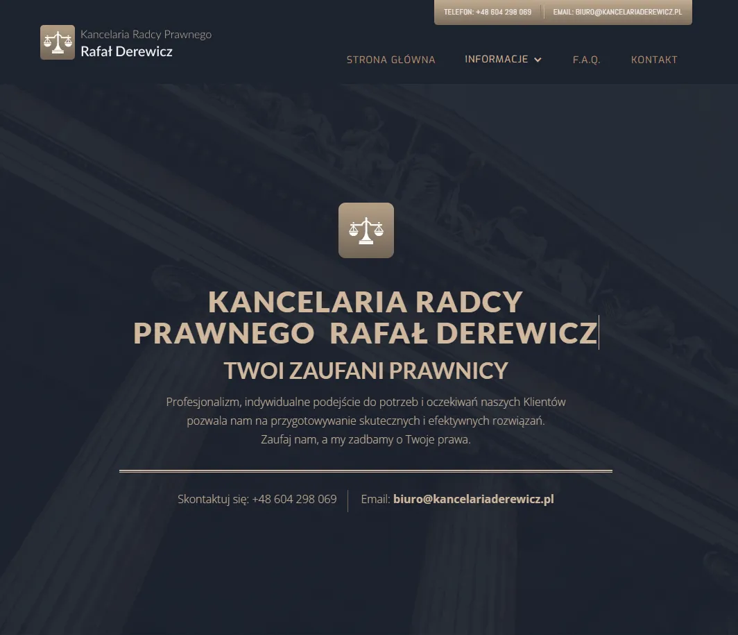 Strona główna kancelarii radcy prawnego Rafała Derewicza z informacjami kontaktowymi i opisem usług prawnych.