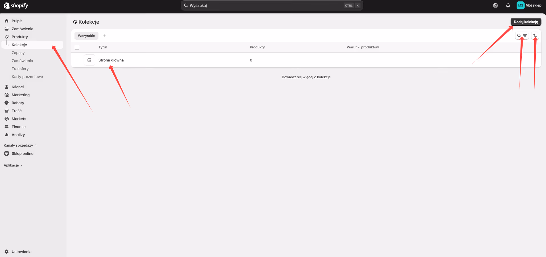 Panel administracyjny Shopify pokazujący sekcję Kolekcje z listą kolekcji oraz przyciskami wyszukiwania, filtrowania i dodawania.